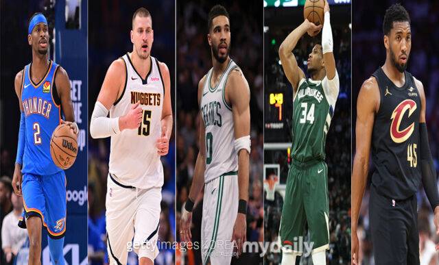 2024-2025 올-NBA 퍼스트 팀에 뽑힌 선수들. 왼쪽부터 SGA, 요키치, 테이텀, 아테토쿤보, 미첼. /게티이미지코리아