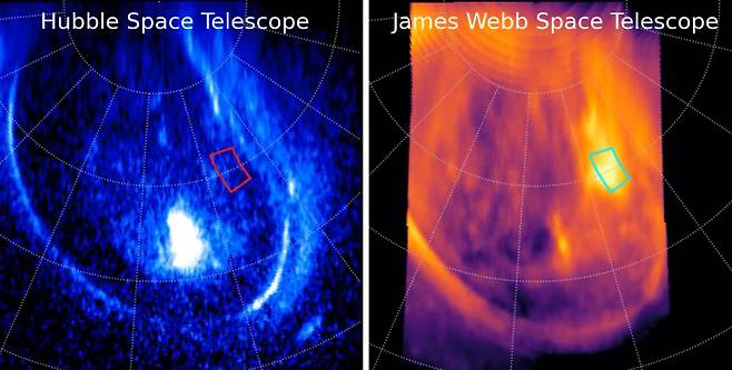 미국항공우주국(NASA)에서 공개한 목성 극지방 대기 관측 결과물. 네모 표시된 구역에서 두 망원경의 관측정보가 다르게 출력되고 있다. 왼쪽은 허블 우주망원경으로 관측한 결과물. NASA, ESA, CSA, STScI