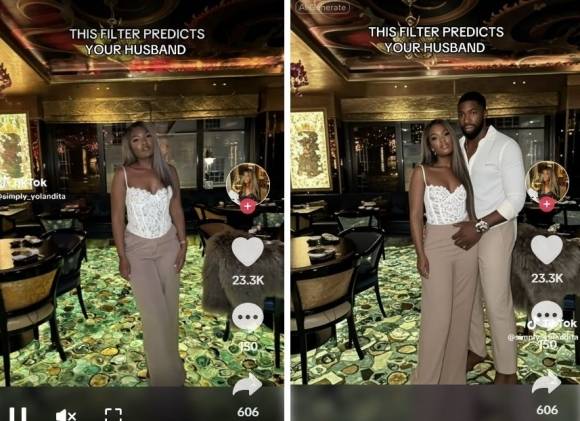 혼자 찍은 셀카(왼쪽)에 AI 필터를 적용해 가상의 남자친구가 등장한 모습(오른쪽). 편집 앱 ‘캡컷’을 사용해 제작됐다. 틱톡 캡처.