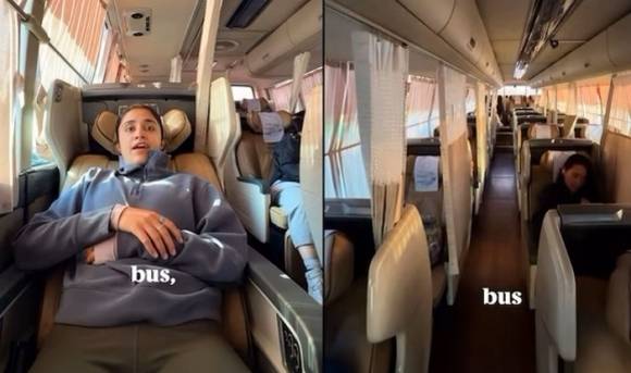 한국 고속버스에 탑승해 “움직이는 럭셔리 호텔”이라고 극찬한 인도 여행 블로거 아카칸샤 몬가. 인스타그램 캡처