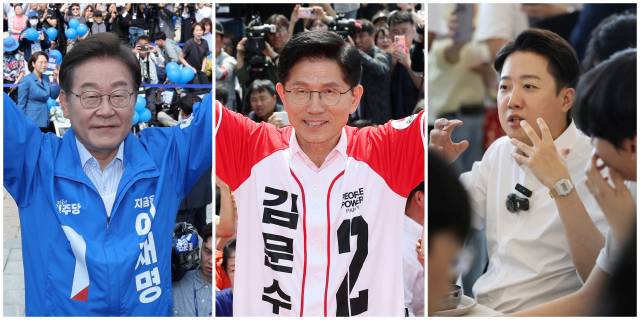 20일 이재명(왼쪽부터) 더불어민주당 후보가 경기 고양 일산문화광장에서 열린 집중유세에서, 김문수 국민의힘 후보가 서울 서초구 고속터미널역 인근 집중유세에서, 이준석 개혁신당 후보가 광주 북구 전남대에서 진행된 '학식먹자 이준석' 행사에서 지지를 호소하고 있다. 연합뉴스