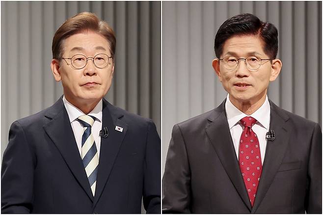 더불어민주당 이재명(왼쪽)·국민의힘 김문수 대선후보가 23일 서울 여의도 KBS 스튜디오에서 열린 제21대 대선 2차 후보자 토론회를 준비하고 있다. ⓒ국회사진기자단