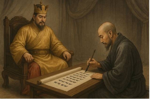 인공지능 AI가 그린 진평왕의 명을 받아 수나라 군사를 청하는 걸사표를 쓰는 원광법사.