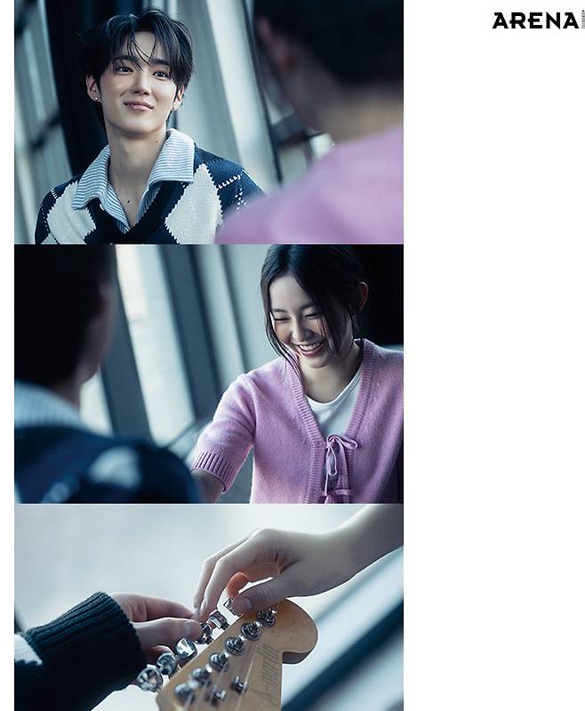 (유준) 셔츠 레이어드 니트 톱 찰스 제프리 러버보이, 이어링은 스타일리스트 소장품. (지후) 리본 디테일 카디건 가니 제품.