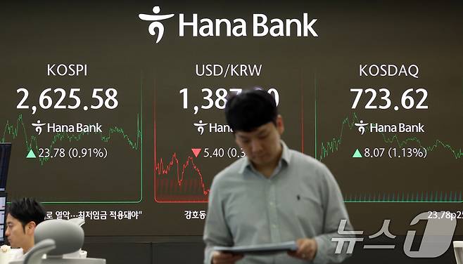 21일 서울 중구 하나은행 본점 딜링룸 전광판에 시황이 표시되고 있다. 2025.5.21/뉴스1 ⓒ News1 김명섭 기자