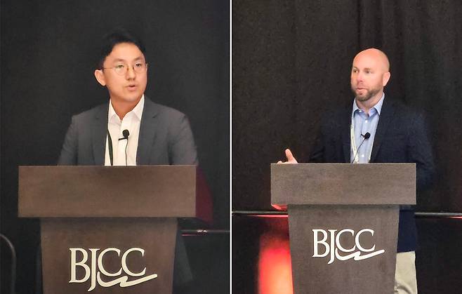 20일(현지시각) 미국 앨라배마주 버밍햄에서 열린 ‘7F Users Group Conference’에서 이화섭(왼쪽) 한국남부발전 부산빛드림본부 차장과 DTS 스콧 켈러 엔지니어링 디렉터가 ‘Non-OEM 성능개선 성공 사례’를 주제로 발표하고 있다. /두산에너빌리티 제공