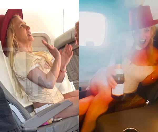 전세기 안에서 술을 마시다가 담배를 피워 승무원의 경고를 받는 스피어스 모습과 술을 자랑하는 모습./사진=TMZ, 브리트니 스피어스 인스타그램 캡처