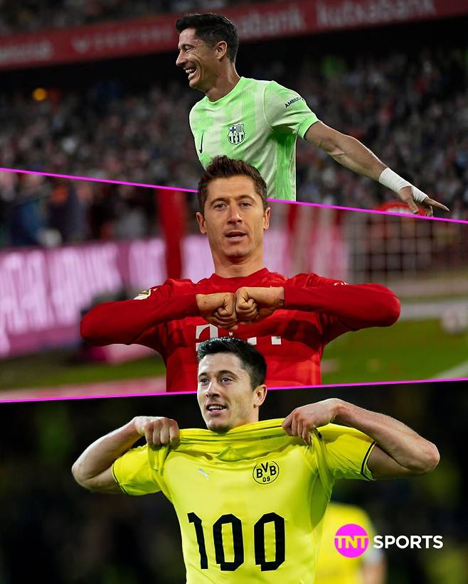 바르셀로나 레반도프스키가 26일 라리가 최종전에서 멀티 골을 기록하며 구단 소속 100호 골 고지를 점령했다. 그는 이전 소속팀인 바이에른 뮌헨, 도르트문트에서도 100골 이상을 기록한 바 있다. 사진=TNT 스포츠