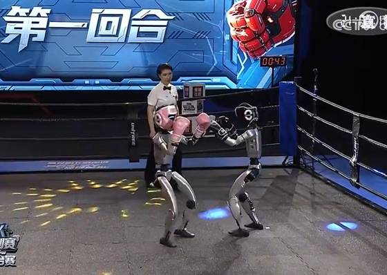 25일 중국 항저우에서 세계 첫 로봇 격투기 대회가 개최됐다. 항저우의 휴머노이드 기업 유니트리에서 개발한 로봇 G1의 경기장면. 로봇은 전문 격투선수에게 기술을 배웠다. [사진 CC-TV]