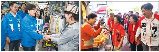 ▲ (사진 왼쪽부터)정은경 더불어민주당 선대위 공동총괄선대위원장과 허영 국회의원 등이 지난 24일 춘천 명동과 중앙시장을 찾아 이재명 후보 지지 유세를 하고 있다. 김문수 대선 후보 배우자 설난영씨는 지난 23일 강릉 중앙시장을 찾아 상인들을 만나 기호 2번 지지를 호소했다.  이연제·방도겸 기자