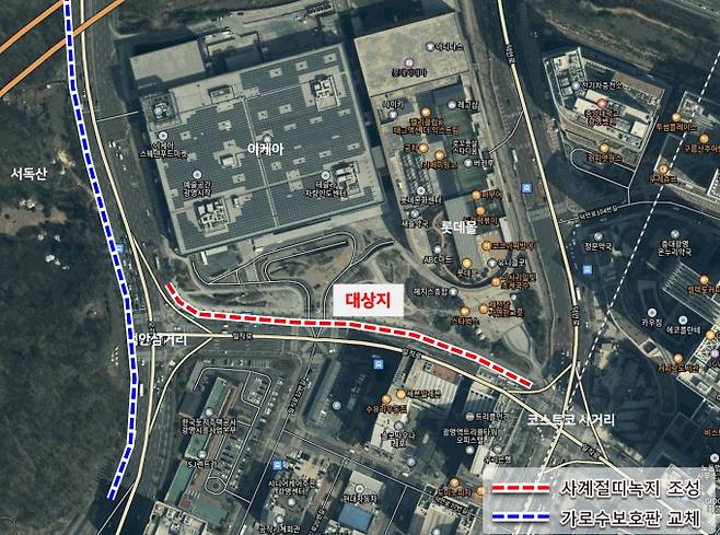 일직로와 오리로에 조성되는 녹지 조성 공간 위치도. 빨간색이 일직로, 파란색이 오리로. /사진제공=광명시