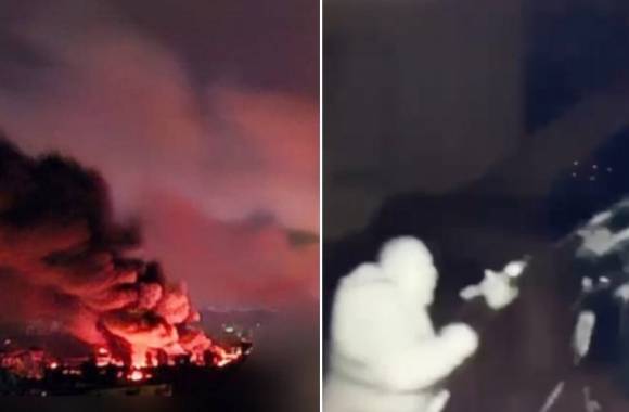 지난 24~25일(현지시간) 우크라이나 수도 키이우가 러시아군의 대규모 공습을 받아 불타고 있다(왼쪽 사진). 손전등과 소총으로 러시아의 드론을 격추하는 키이우 경찰(오른쪽). 키이우 경찰 텔레그램 제공