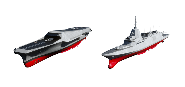 HD현대중공업이 마덱스 2025에 전시하는 미래형 무인전력모함(왼쪽), 6500톤급 수출형 호위함(오른쪽)의 조감도./사진=HD현대중공업 제공