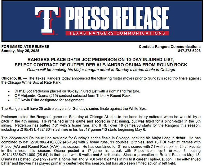(피더슨의 부상소식을 전한 텍사스 구단 보도자료)