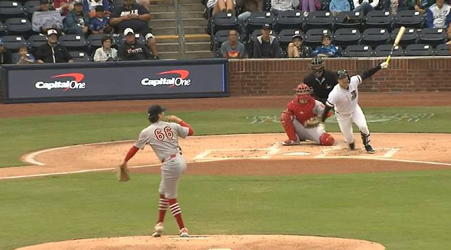 탬파베이 레이스 김하성이 27일(한국시각) 트리플A 소속으로 멤피스와의 경기에 선발출전해 첫 타석에서 좌전안타를 터뜨리고 있다. 사진=MiLB.TV 캡처