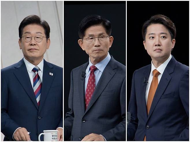 이재명 더불어민주당·김문수 국민의힘·이준석 개혁신당 대선 후보(왼쪽부터)가 27일 저녁 서울 상암동 MBC에서 열린 대선 후보 3차 TV토론에 참석해 있다. ⓒ국회사진기자단
