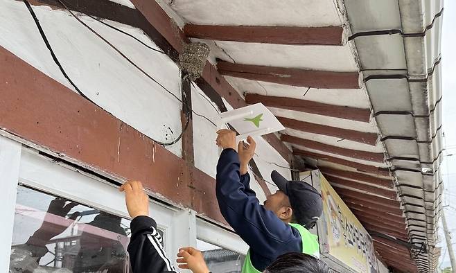 지난 24일 내성천제비연구소 회원들이 경북 순흥면을 찾아 제비 배설물로 인한 오염을 방지하는 ‘둥지 받침대’를 설치하고 있다. 김지숙 기자 suoop@hani.co.kr