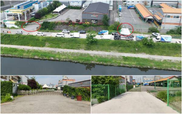 씨제이대한통운㈜과 ㈜코베아가 국유지인 인천 계양구 서운동 굴포천 인근 하천구역을 불법 진출입로로 사용하고 있어 물의를 빚고 있다. 사진은 26일 오전 업체들이 진출입로로 사용하고 있는 인천 계양구 서운동 굴포천 인근 하천구역. 조병석기자