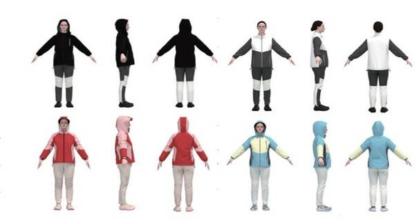 여론조사 결과에 맞춰 가상으로 설계한 투습방수 재킷 2개(왼쪽)와 바람막이 재킷 2개(오른쪽). 사진 '40~50대 중년여성을 위한 등산복 재킷 3D 가상의류 설계'