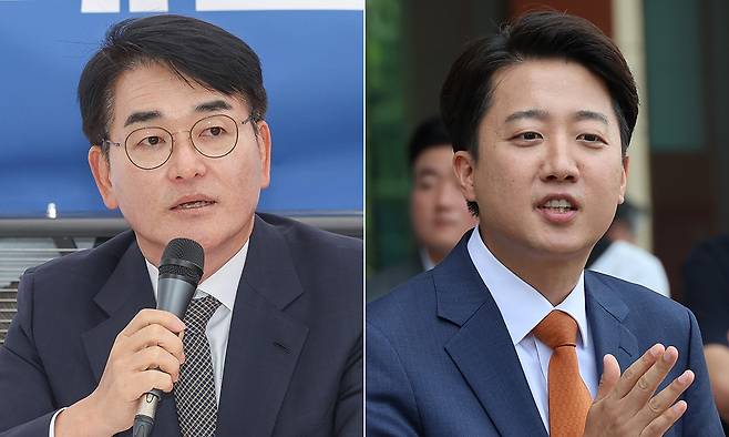더불어민주당 중앙선거대책위원회 박용진 사람사는세상 국민화합위원장(왼쪽),&nbsp;개혁신당 이준석 대선 후보. 연합뉴스