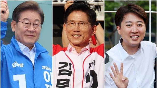 5월 20일 의정부 로데오거리에서 유세하는 이재명(왼쪽 첫번째) 더불어민주당 후보, 하남에서 유세하는 김문수(가운데) 국민의힘 후보, 19일 전남대 유세서 지지자들과 사진을 찍는 이준석 개혁신당 후보. 연합뉴스