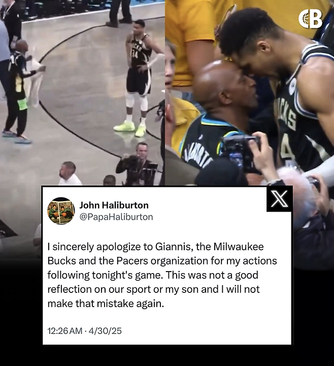 할리버튼의 아버지가 아데토쿤보를 도발한 뒤 경기 후 논란이 거세지자 사과문을 올렸다. 코트사이드 버즈 SNS
