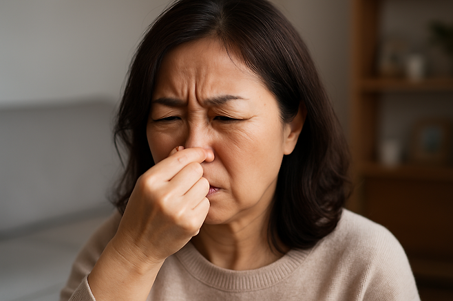 코를 막고 인상을 쓰고 있는 여성