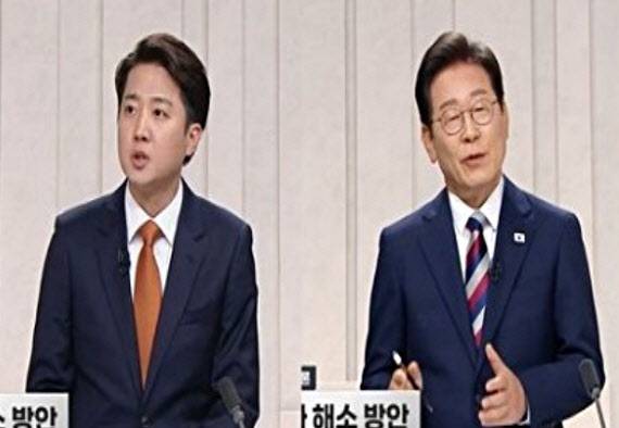 더불어민주당 이재명, 개혁신당 이준석 대선 후보가 27일 서울 마포구 상암동 MBC 스튜디오에서 진행된 정치 분야 TV토론회에서 발언하고 있다. (사진=MBC 캡처)