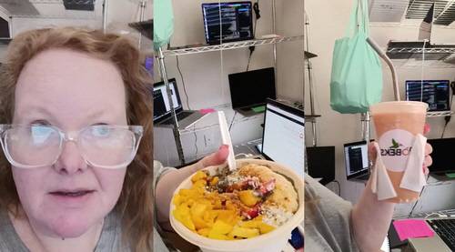 북한 해커의 컴퓨터를 관리해준 '노트북 농장주' 크리스티나 채프먼이 자신의 아침메뉴를 소개하는 영상에 다수의 노트북 컴퓨터가 설치돼 있는 것을 볼 수 있다. 틱톡 캡처 연합뉴스