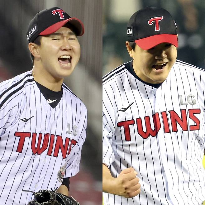 LG 유영찬(왼쪽)과 장현식. IS 포토.