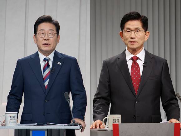 이재명 더불어민주당 대선후보(왼쪽)과 김문수 국민의힘 대선후보 제21대 대선 토론회에 참가한 모습. [사진=국회사진기자단]