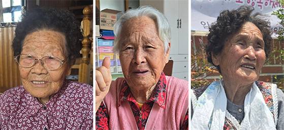 하서마을에는 100세를 넘긴 세 할머니가 산다. 할머니들은 모두 10대에 시집와서 80년 넘게 살고 있다. 지금도 큰 병치레 없이 지낸다. 사진 왼쪽부터 순서대로 103세 임생금 할머니, 100세 김두리 할머니, 100세 오무식 할머니. 김윤호 기자