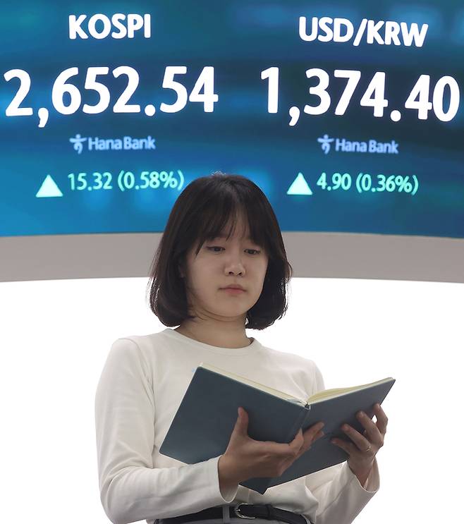28일 서울 중구 하나은행 본점 딜링룸에 코스피, 원/달러 환율이 표시돼 있다. [사진=연합뉴스]