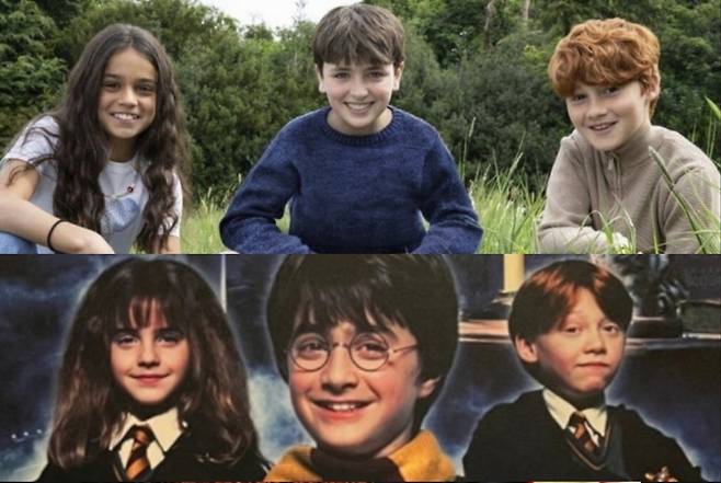TV판 ‘해리포터’ 주인공 3인방(위)이 공개됐다. 아래는 영화 ‘해리포터’ 주인공. [AP, 해리포터 영화 스틸컷]