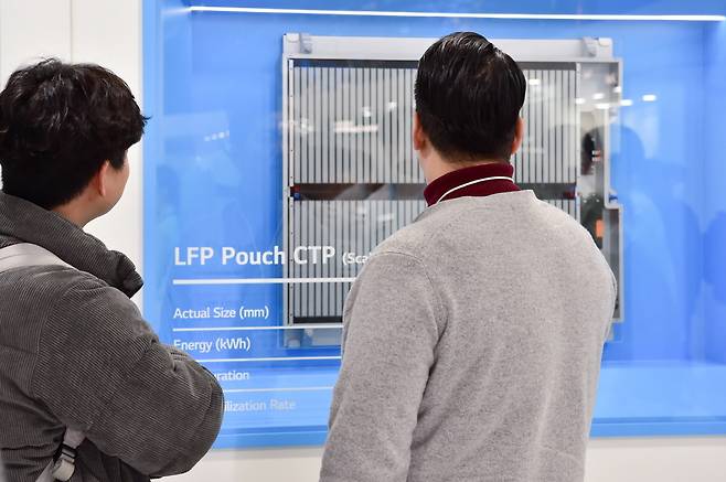 LG에너지솔루션 부스에 전시된 LFP 배터리를 참관하고 있는 일반 시민들 [LG에너지솔루션]