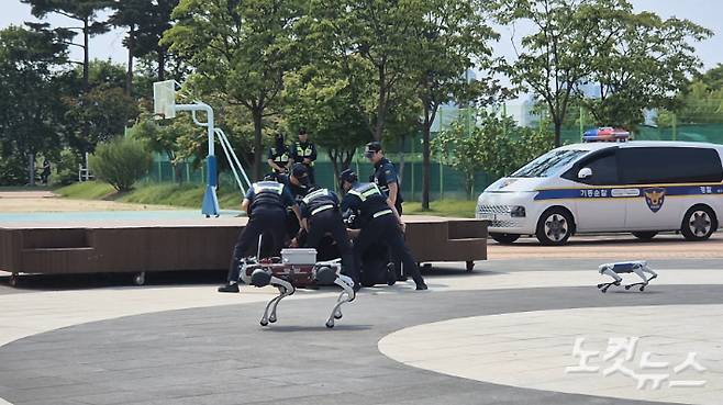대구경찰청이 주최한 '디지털 미래 합동 순찰 시범 시연'에서 기동순찰대와 폴리봇이 검거 시범을 보이고 있다. 곽재화 기자