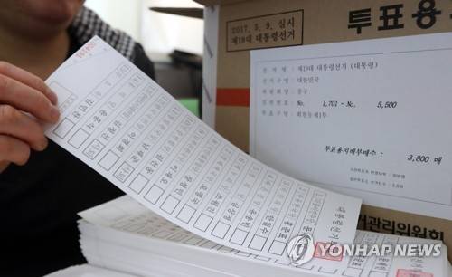 19대 대선 투표용지 검수   (서울=연합뉴스) 최재구 기자 = 1일 서울 중구 선거관리위원회에서 관계자들이 각 투표소로 보낼 제19대 대통령선거 투표용지를 검수하고 있다. 2017.5.1 jjaeck9@yna.co.kr