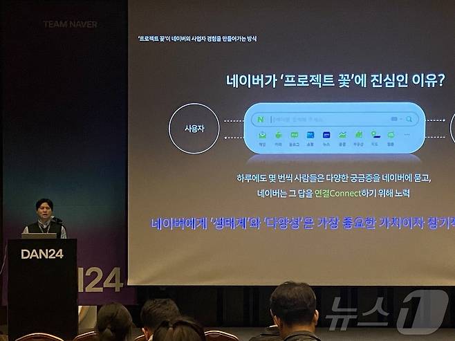 신지만 네이버 '프로젝트 꽃' 사무국 담당자가 12일 서울 강남구 코엑스에서 열린 팀네이버 콘퍼런스 '단 24'(DAN 24)에서 세션을 진행하고 있다. 2024.11.12. ⓒ 뉴스1 신은빈 기자