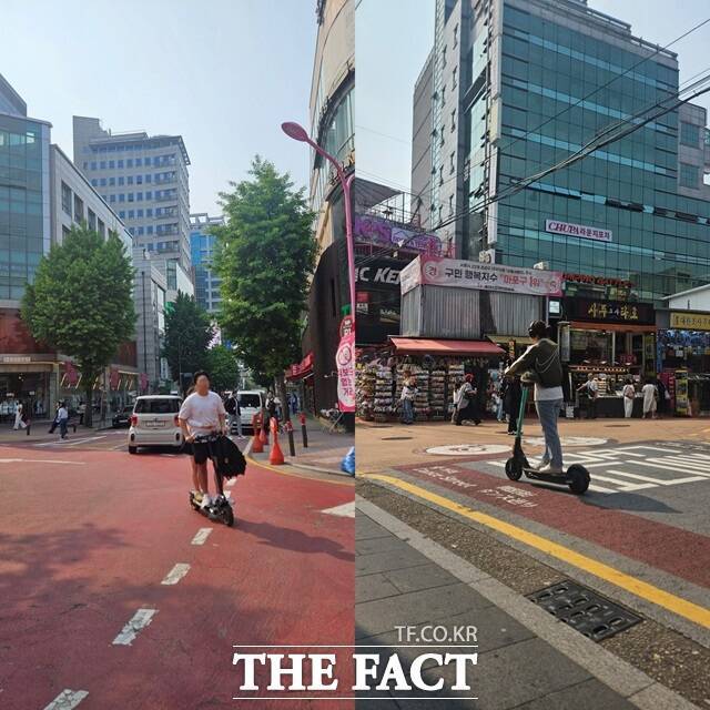 27일 오후 마포구 홍대 레드로드 내 '킥보드 없는 거리'에 전동 킥보드를 탄 시민들이 지나가고 있다./설상미 기자