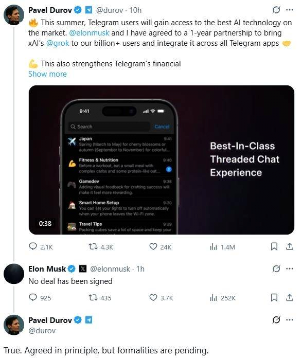 image.png 텔레그램 CEO "머스크와 AI 협업"…머스크는 "거래 서명 안했다"