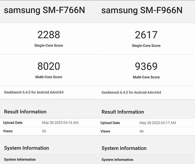 갤럭시 Z 플립 7(SM-F766N)과 갤럭시 Z 폴드 7(SM-966N)의 긱벤치 6 실험결과