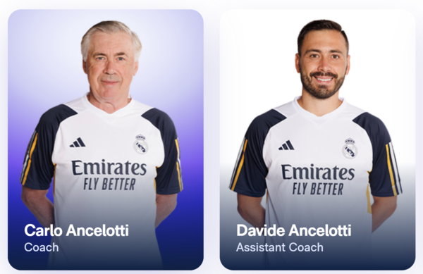 카틀로 안첼로티 감독(왼쪽), 다비데 안첼로티 수석코치(이상 레알마드리드). 레알마드리드 홈페이지 캡처