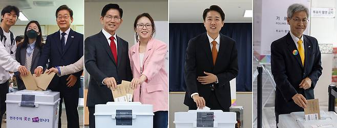 제21대 대통령선거 사전투표 첫째날인 29일 오전 대통령 후보들이 각각 사전투표를 했다. 맨 왼쪽 사진부터 이재명 더불어민주당 대통령 후보는 서울 서대문구 신촌에서, 김문수 국민의힘 대통령 후보는 인천 계양구에서, 이준석 개혁신당 대통령 후보는 경기 화성 동탄에서, 권영국 민주노동당 대통령 후보는 전남 여수에서 이날 오전 사전투표소를 찾아 투표를 하고 있다. 공동취재사진, 민주노동당 제공