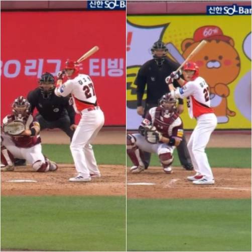 타격 스탠스가 미세하게 달라진 김호령. 왼쪽이 28일, 오른쪽은 27일 자세이다. SBS스포츠, 티빙 캡처