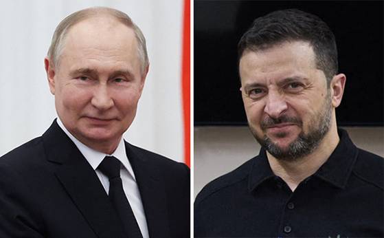 블라디미르 푸틴(왼쪽) 러시아 대통령과 볼로디미르 젤렌스키 우크라이나 대통령. AFP=연합뉴스