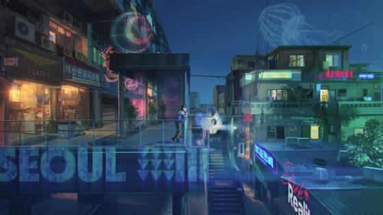 2050년에 살고있는 연구원이자 우주인 난영(김태리)과 악기를 수리하며 지내는 제이(홍경)는 제이의 일터가 있는 세운상가에서 처음으로 만난다. 세운상가는 지금의 골격을 비슷하게 유지하고 있지만 더 낡은 모습이며, 간판 과 조명 등에서 한지원 감독이 상상한 미래의 분위기를 느낄 수 있다. 사진 넷플릭스