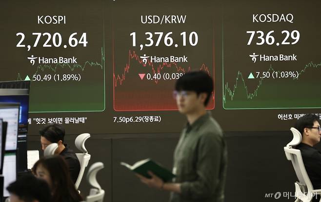 29일 오후 서울 중구 하나은행 딜링룸에서 딜러들이 업무를 보고 있다./사진=뉴시스