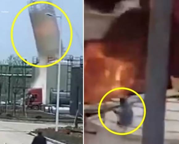 27일(현지시간) 오전 11시 57분 중국 동부 산둥성(省) 웨이팡시(市)에 있는 유다오화학회사에서 폭발이 발생했다. 사진은 공장 내 대형 탱크가 하늘로 솟구치기 전 간발의 차이로 목숨을 건진 직원의 모습. 웨이보 영상 캡처