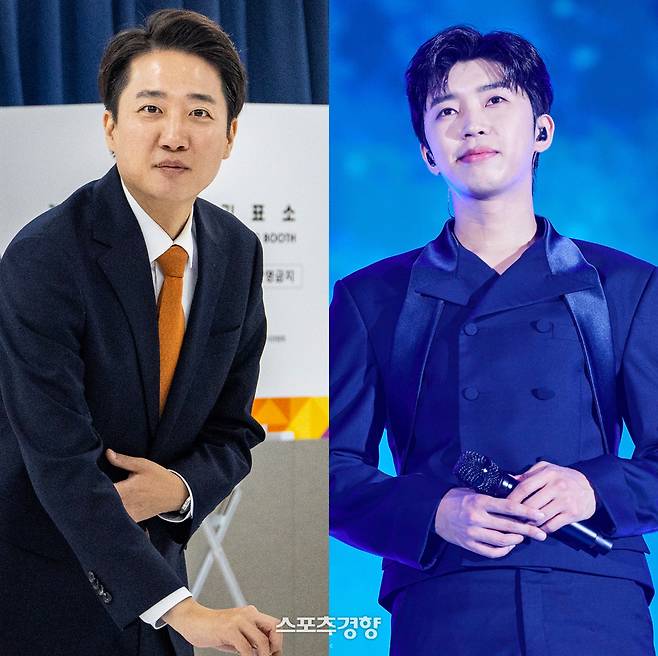 29일 오전 경기 화성시 동탄9동 행정복지센터에 마련된 사전투표소에서 투표하고 있는 이준석 개혁신당 후보(왼쪽)과 가수 임영웅. 경향신문 자료사진