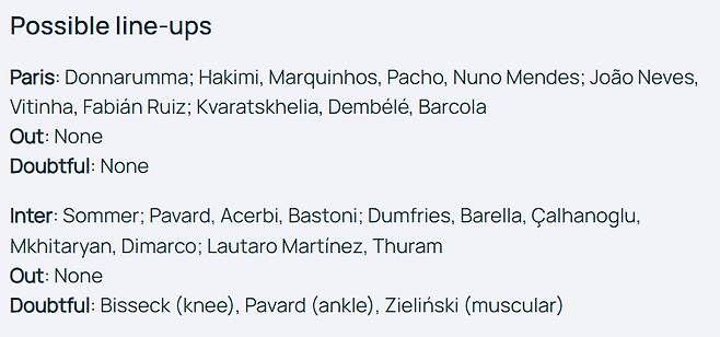 유럽축구연맹(UEFA)의 UEFA 챔피언스리그 결승 파리생제르맹(PSG)과 인터밀란 예상 선발 라인업. PSG 이강인의 이름을 제외됐다. /사진=UEFA 홈페이지 캡처